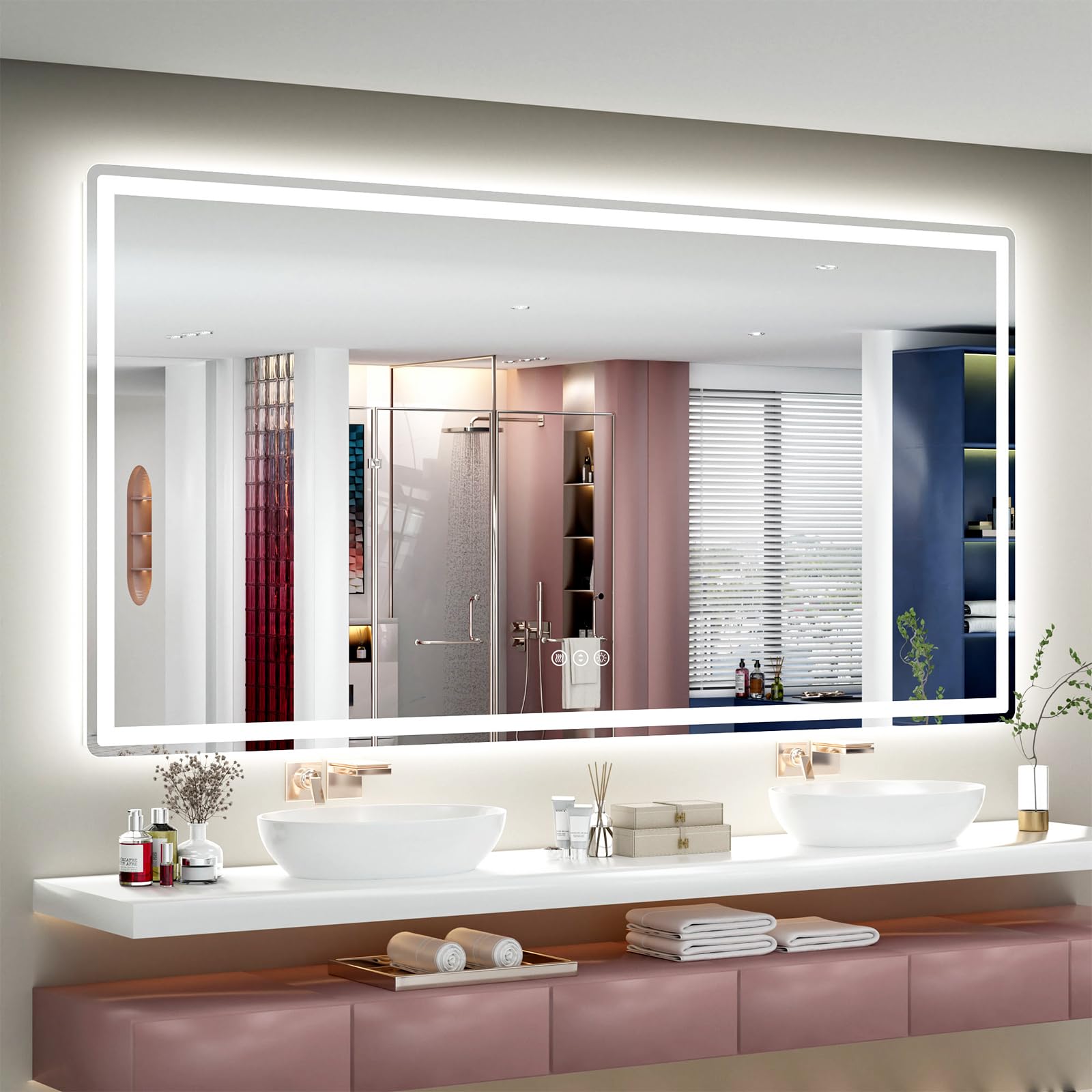 Photo 1 of SMIROR LED Bathroom Mirror with Lights 72"x 40", Rounded Rectangle Lighted Vanity Mirror for Wall, Front Lit and Backlit, 3 Colors, Dimmable, Anti-Fog, Tempered Glass (Horizontally/Vertically)