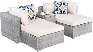 qingmizhiyi Patio Furniture Set 5 PCS Conversation Set Rattan Chair PE Wicker Set with Storage Glass Top Table,Throw Pillows