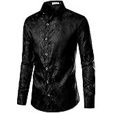 ZEROYAA Men's Paisley Jacquard Slim Fit Long Sleeve Button Up Dress Shirt for Party Prom