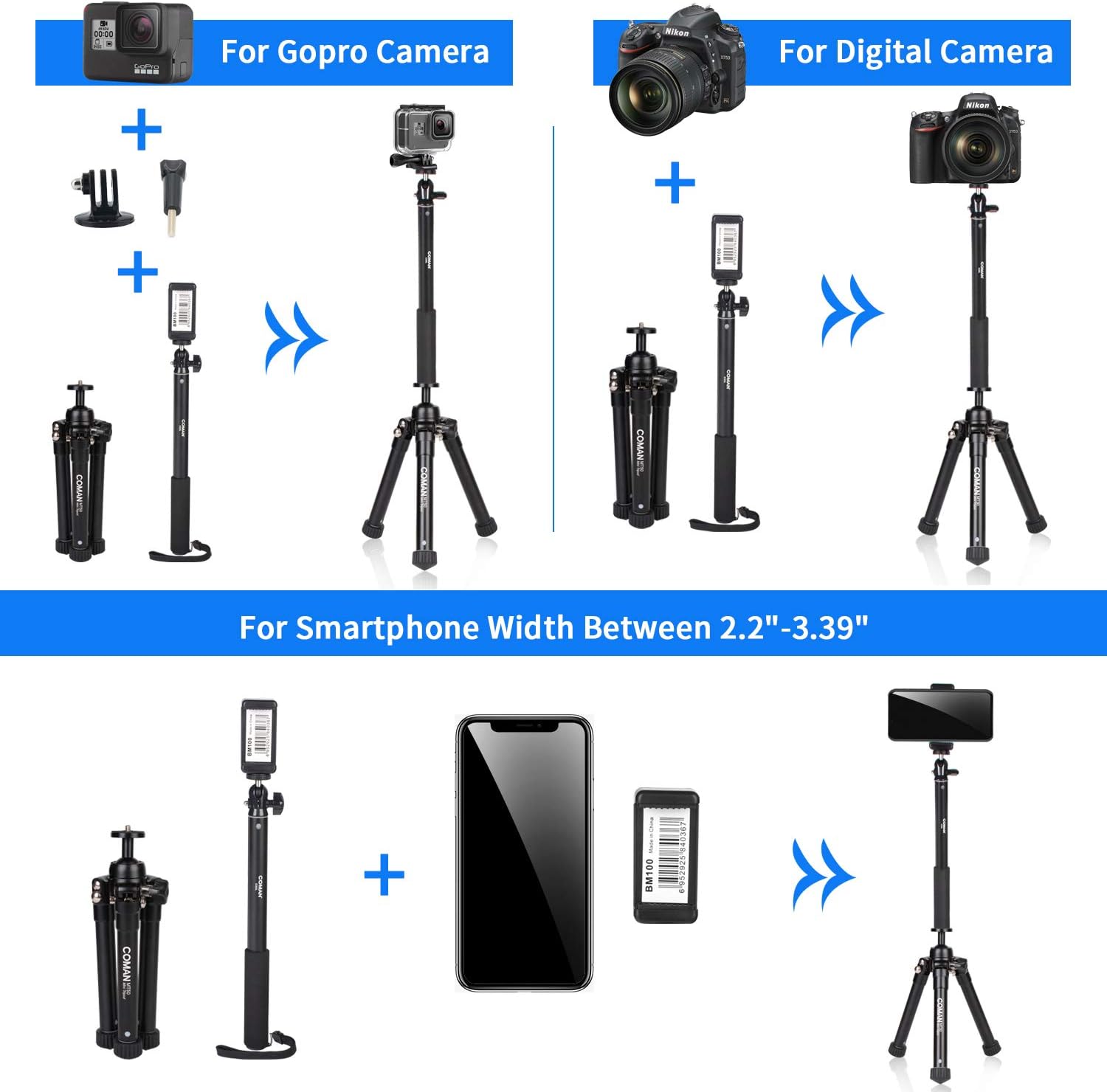 63" Tripod, COMAN Premium Phone Tripod, Portable All-in-One Professional Camera Tripod, Lightweight Aluminum, Bluetooth Remote for iPhone & Android Devices, Non Skid Tripod Feet: Camera & Photo