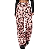 RoseSeek Women's Leopard Print Wide Leg Pants Patched Elastic Waist Casual Loose Trousers