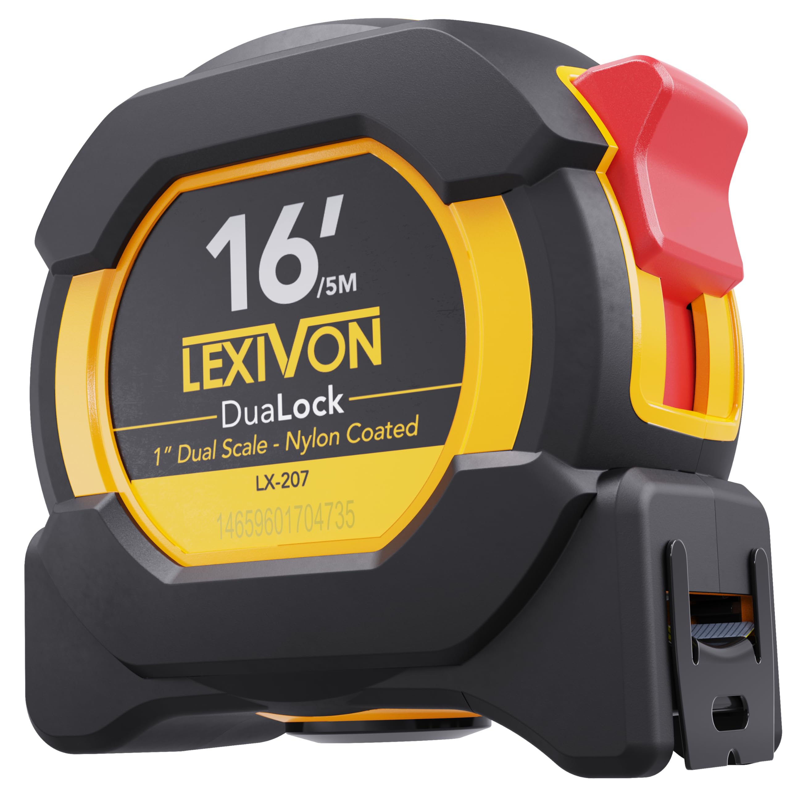 LEXIVON 16Ft/5m DuaLock Tape Measure | 1-Inch Wide Blade With Nylon Coating, Matte Finish White & Yellow Dual Sided Rule Print | Ft/Inch/Fractions/Metric (LX-207)
