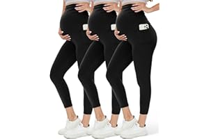 HLTPRO 1/3 Pack Maternity Leggings Over The Belly - Maternity Pants with Pockets for Women Pregnancy Workout Yoga Leggings