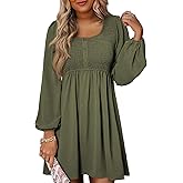 BLENCOT Womens Casual Dresses 2025 Long Sleeve Smocked Button Down Empire Waist A-Line Swing Mini Dress