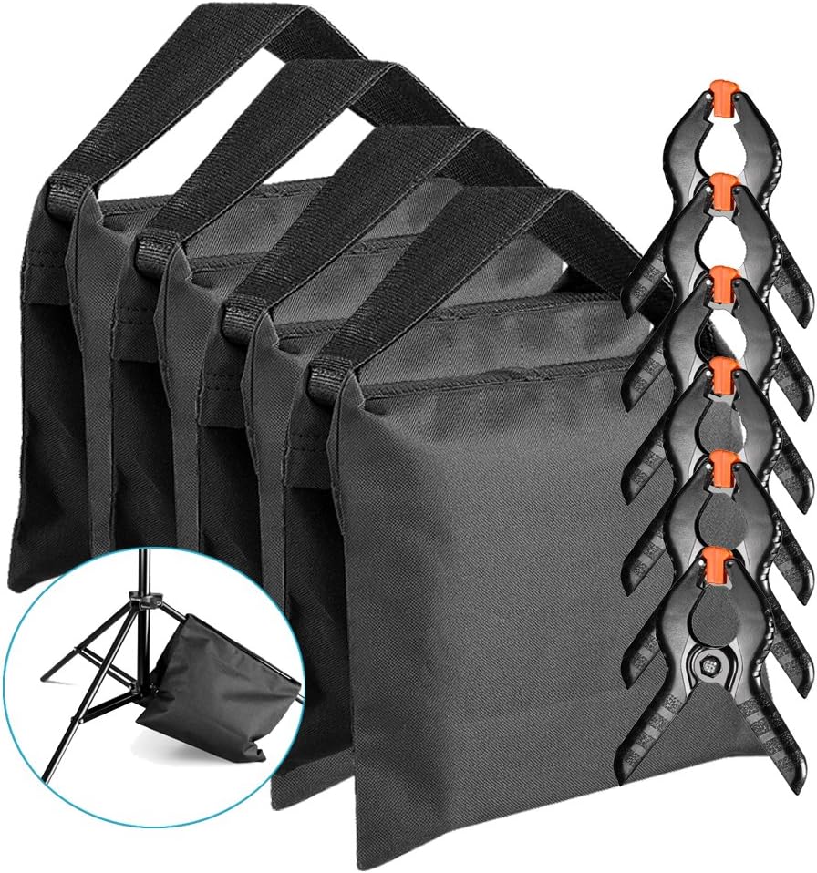 Neewer 4-pack Photographic Sandbag for Light Stands, Tripods and 6-pack 4.3 inches/11 centimeters Muslin Spring Clamps/Clips for Photo Studio Backdrops Backgrounds, Lighting Accessories