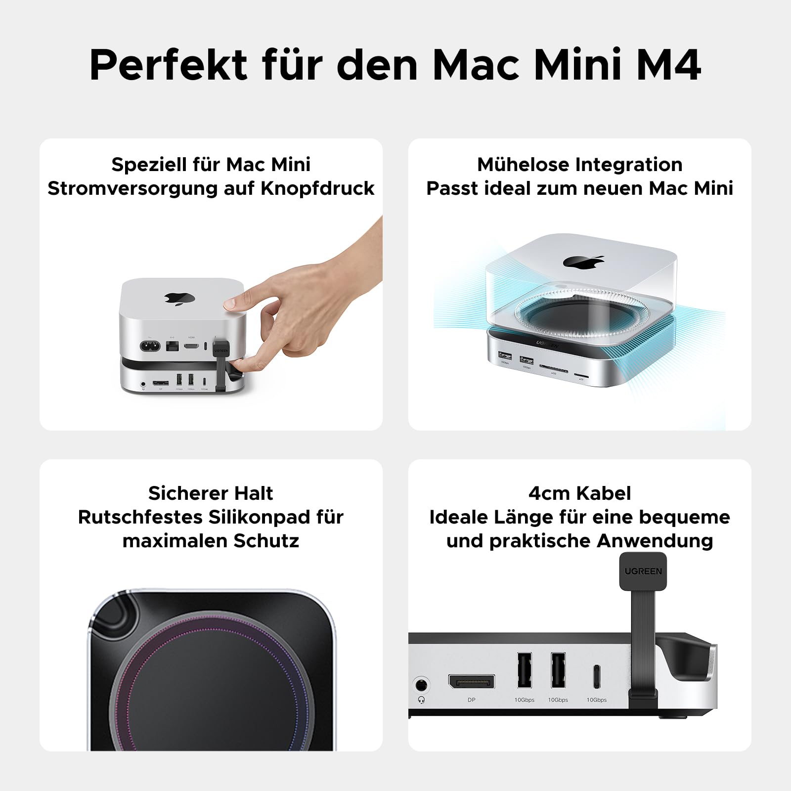 UGREEN Mac mini M4 Dock mit DisplayPort(4K@240Hz max.) für Dual-Monitor-Setups, 10Gbps USB-Anschlüssen, 8TB M.2 NVMe SSD-Slot, SD/TF-Kartenleser & 3,5mm Audio Kompatibel mit Mac mini M4/M4 Pro 8