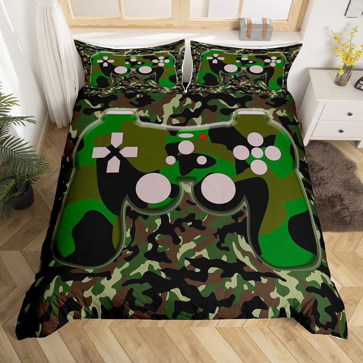 Gamepad Duvet Cover Young Man Video Game Gamepad Bedding For Kids Boys Girls Children Camo Game Controller Comforter Cover Ultra Soft Camouflage Bedspread Cover Double Size
