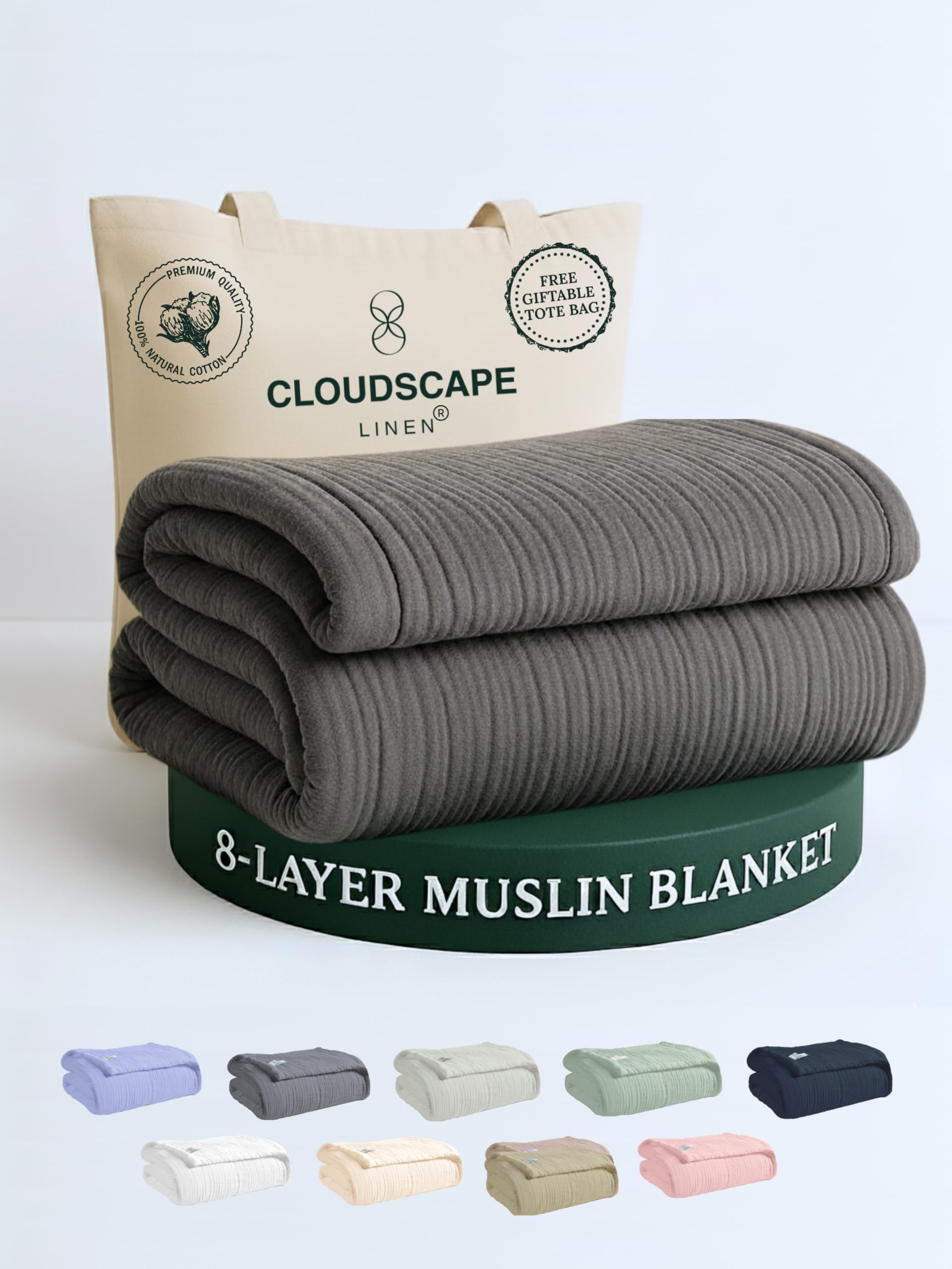 CLOUDSCAPE 8 Layer Muslin Blanket for Adults, 100% Cotton Gauze Layering Summer Blanket King Size, 92"x108" Fits Upto Cal King Bed - Heavy Weight, Breathable, All Season Soft Bedding - Sharkskin