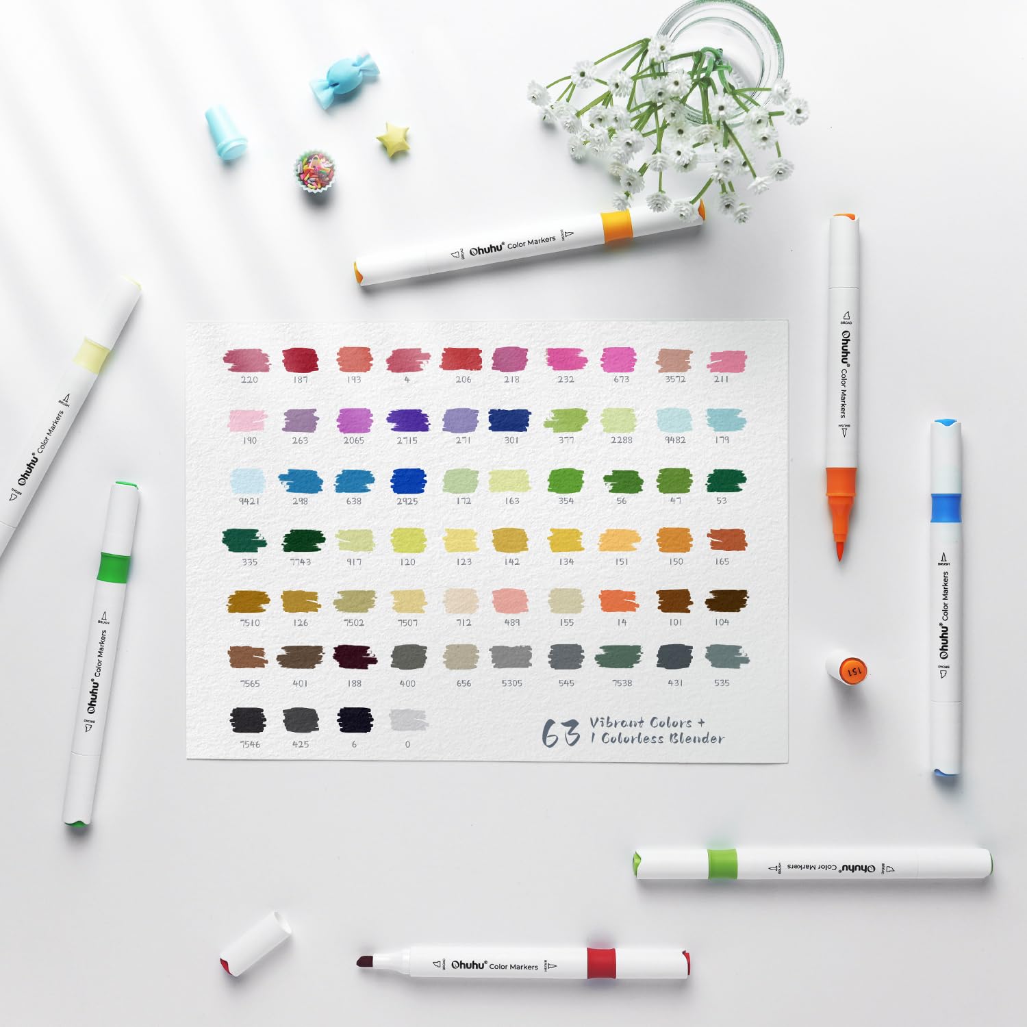 Ohuhu Water-based Markers for Adult Coloring Books No Bleeding 64 Colors Dual Tips Coloring Markers for Kids Adults Beginners Drawing Pens for Journaling Lettering (Brush & Chisel)