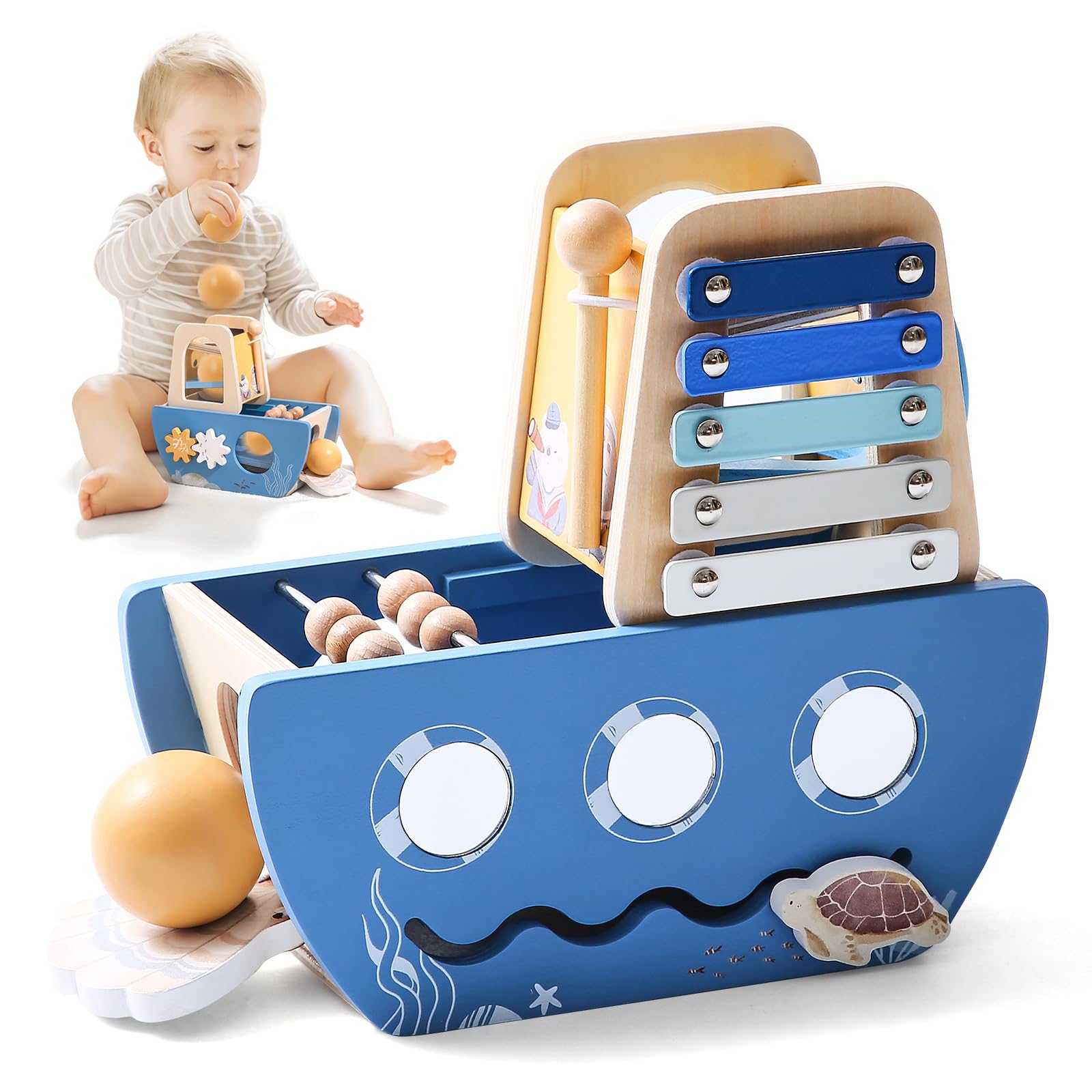 Photo 1 of Promise Babe 5-in-1 Baby Wooden Activity Cube, Sea Ocean Montessori Toddler Toys for 1+ Year Old Boys Girls Gifts, Educational Learning Boat Toys for 1st Birthday Gifts for Kids
