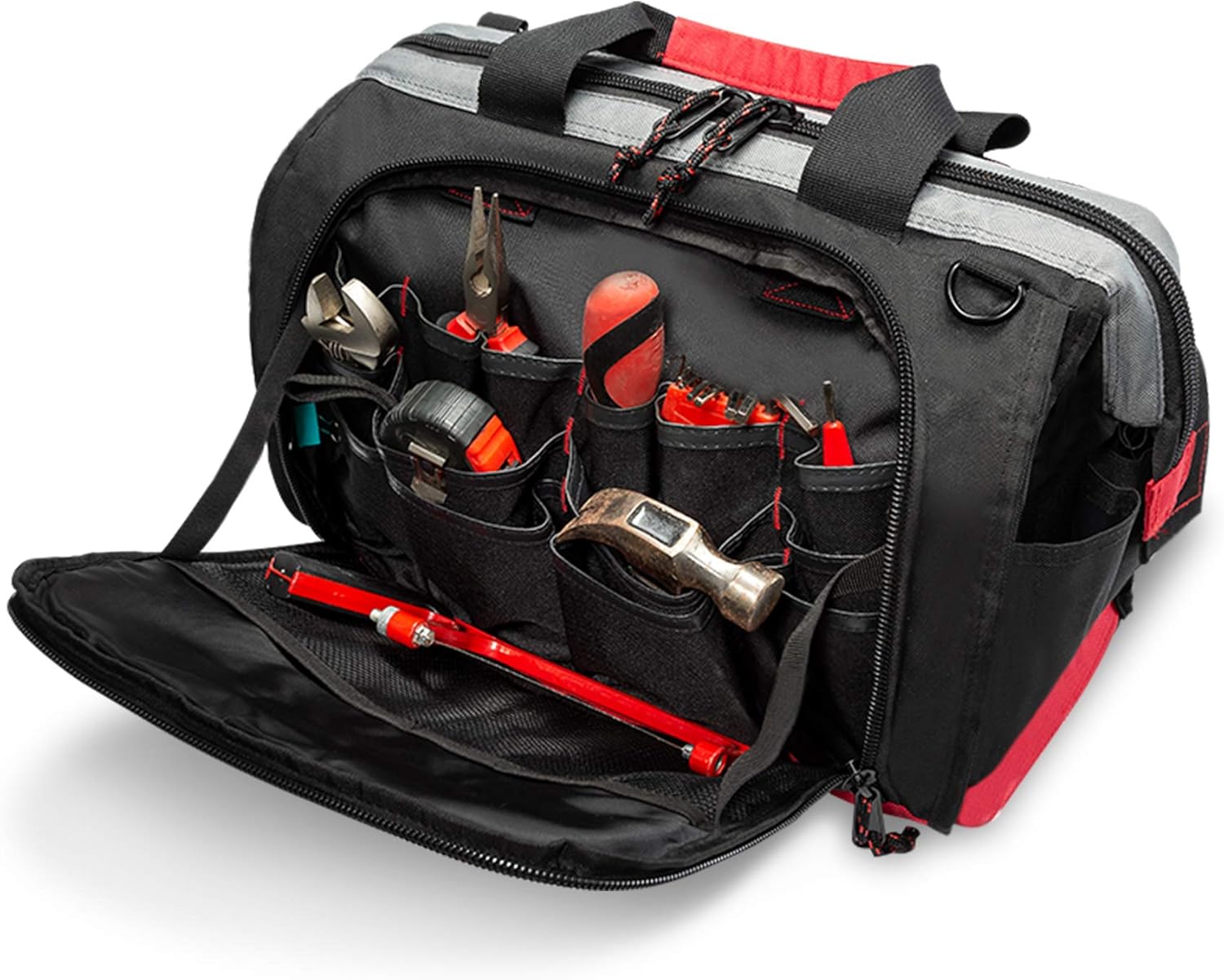 Tool Bag Wide Mouth Tote Bag with 25 Pockets 16-inch Storage Bag with Adjustable Shoulder Strap Black/Red - - 