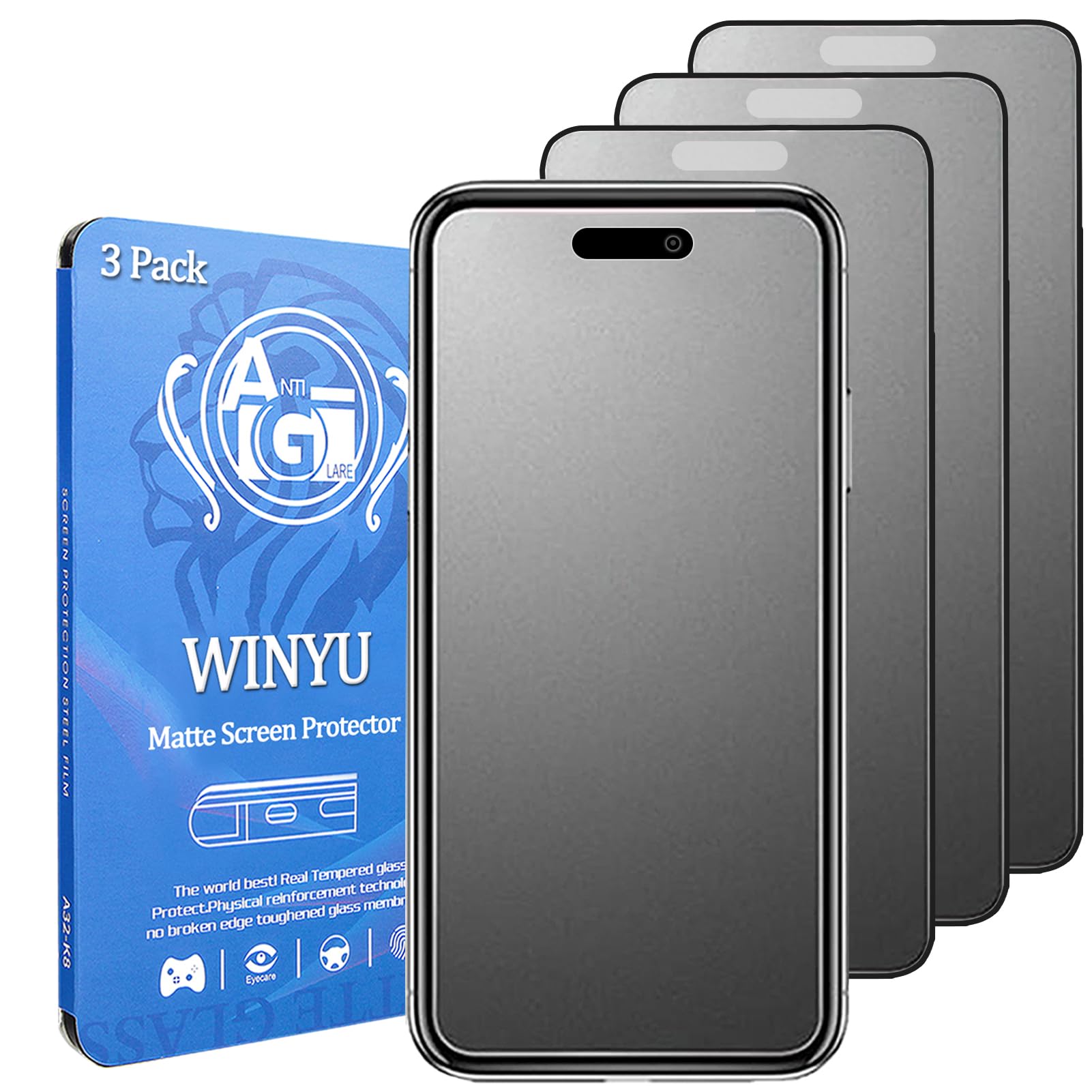 WINYU 3PCS Matte Tempered Glass for iPhone 16 Plus Full Coverage Screen Protector Matt Anti-Glare Anti-Scratch 9H Tempered Glass Protective Film for iPhone 16 Plus,6.7"