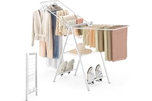 APEXCHASER Drying Rack Clothing, Clothes Drying Rack Foldable, Metal Laundry Drying Rack Collapsible for Sweater Towel Indoor Outdoor, Gullwing Clothes Rack Drying with Height Adjustable Rails, White