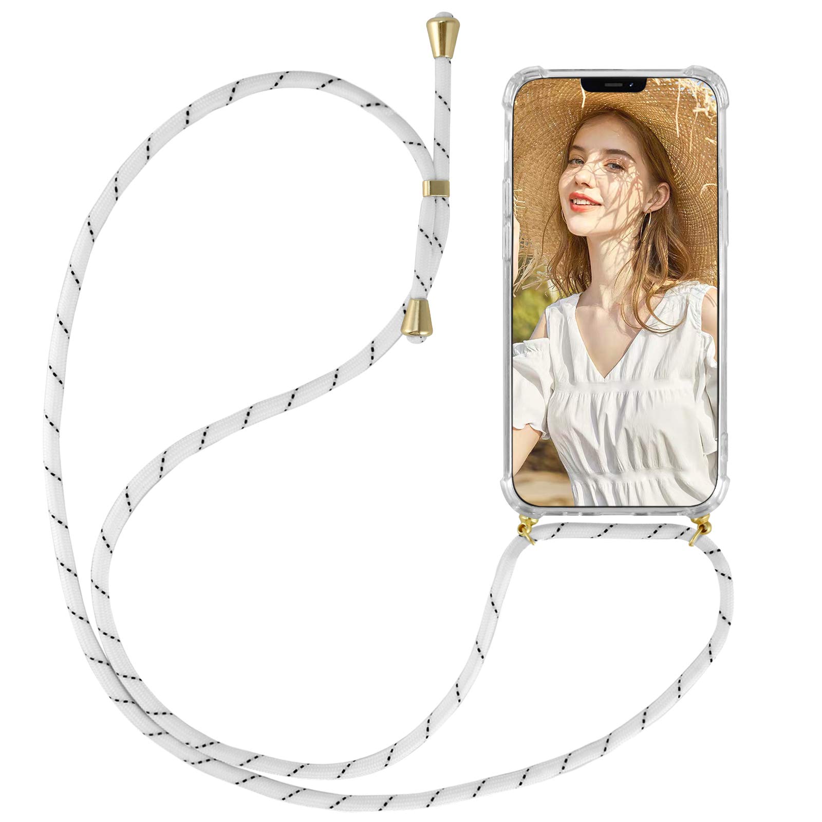 Newseego Compatible with iPhone 12 Pro Max Case with Cord Lanyard Strap, Clear Transparent TPU Soft Case Necklace Phone Cover with Cord Lanyard Adjustable Length Phone Chain/Neck Strap - White