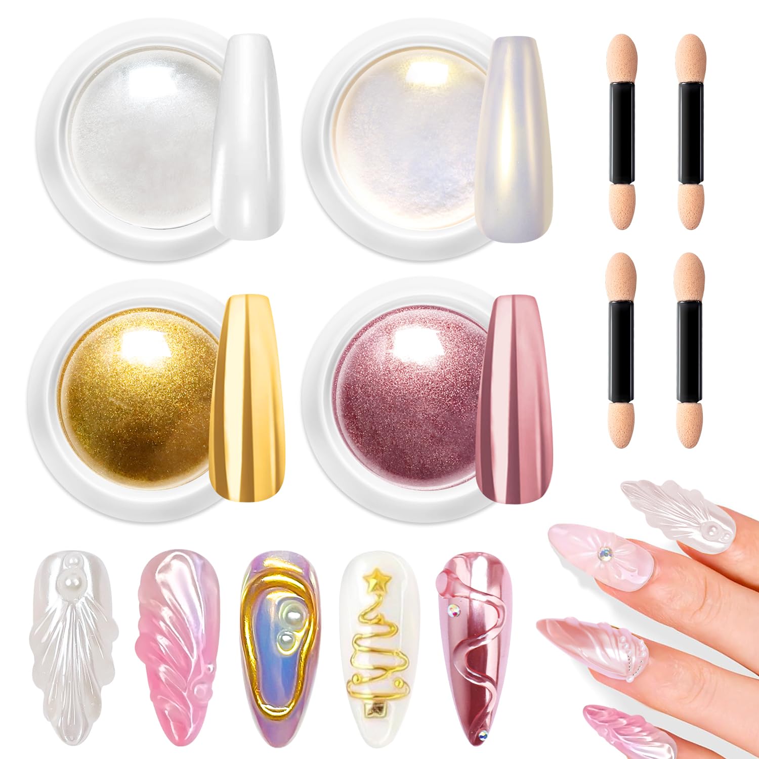 BISHENGYF Rose Gold Chrome Nail Powder: Mirror Effect Chrome Powder for Nails Glitter LONG-LASTING, Pearl Aurora Mermaid Glazed Donut Nail Powder, Ice Holo Pigment Nail Art DIY Design Decora 4-Color
