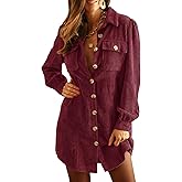 Alaster Queen Women's Corduroy Long Sleeve Short Dresses Fall Winter Button Down Work Tunic Dress with Pocket