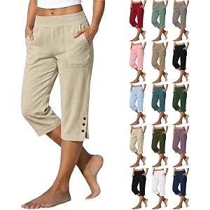 Capri Pants for Women Cotton Linen Elastic Waist Split Button Capris Casual Loose Fit Pedal Pushers with Pockets