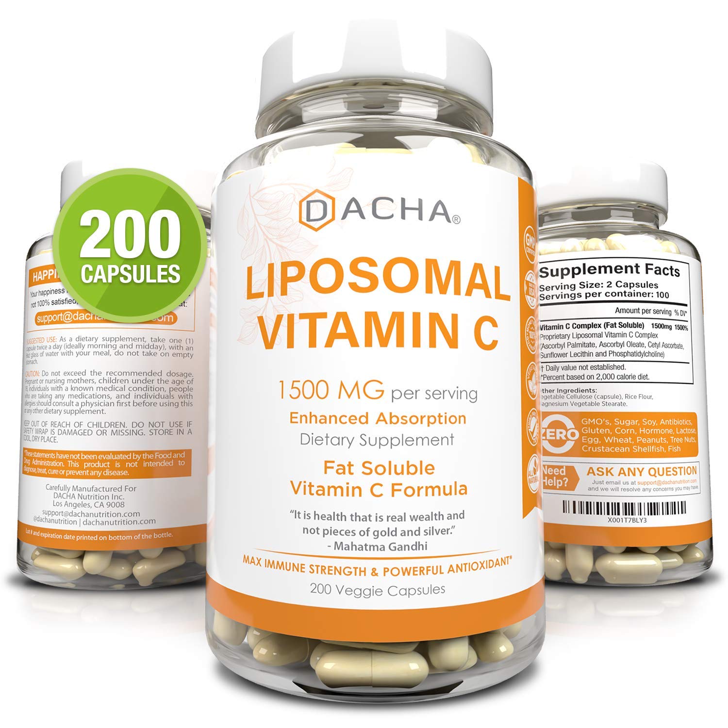 Natural Liposomal Vitamin C 200 Capsules, 1500mg, Immune System