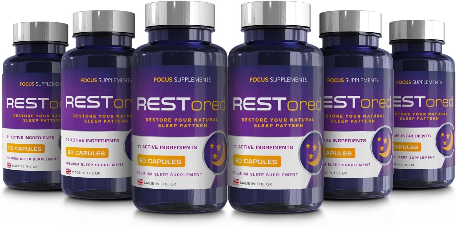 RESTored Herbal Nighttime Blend of 5-HTP, L-Tryptophan, Magnesium Glycinate, L-Theanine, Minerals & Essential Vitamins | 90 Capsules | Natural Sleep Aid and Mood Enhancing Supplement Stack (6 Bottles)