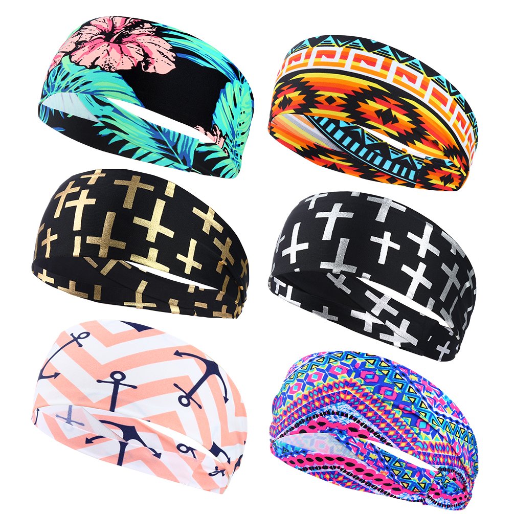 VBIGER Femme Bandeaux Elastique Cheveux Serre-tête absorbant l\'humidité Yoga Bandeau de Maquillage de sport avec une motif géométrique,6Pc
