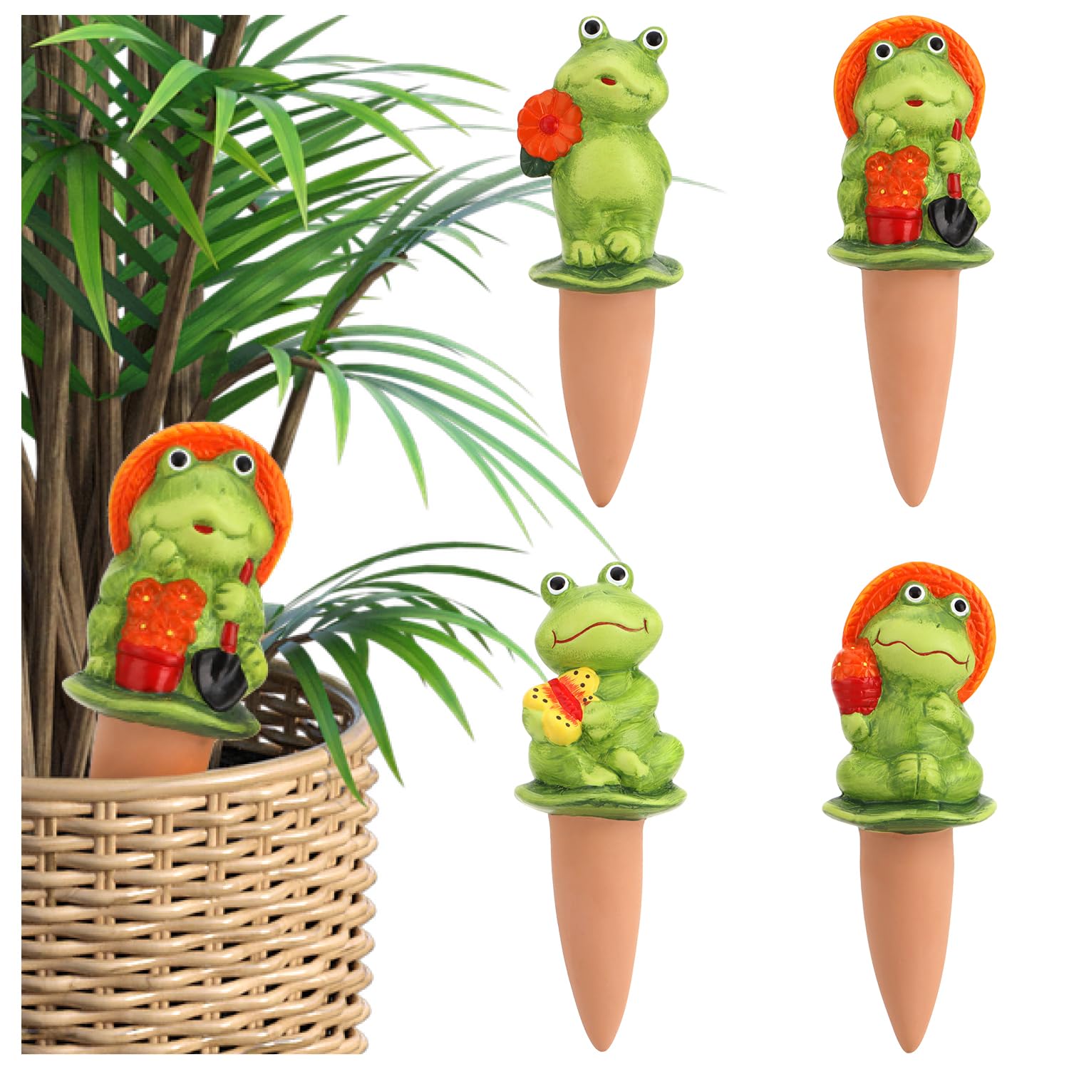 COM-FOUR® 4x automatic watering for indoor plants - water dispenser for plants - clay cones for watering flowers - hydrospikes (04 pieces - frog)