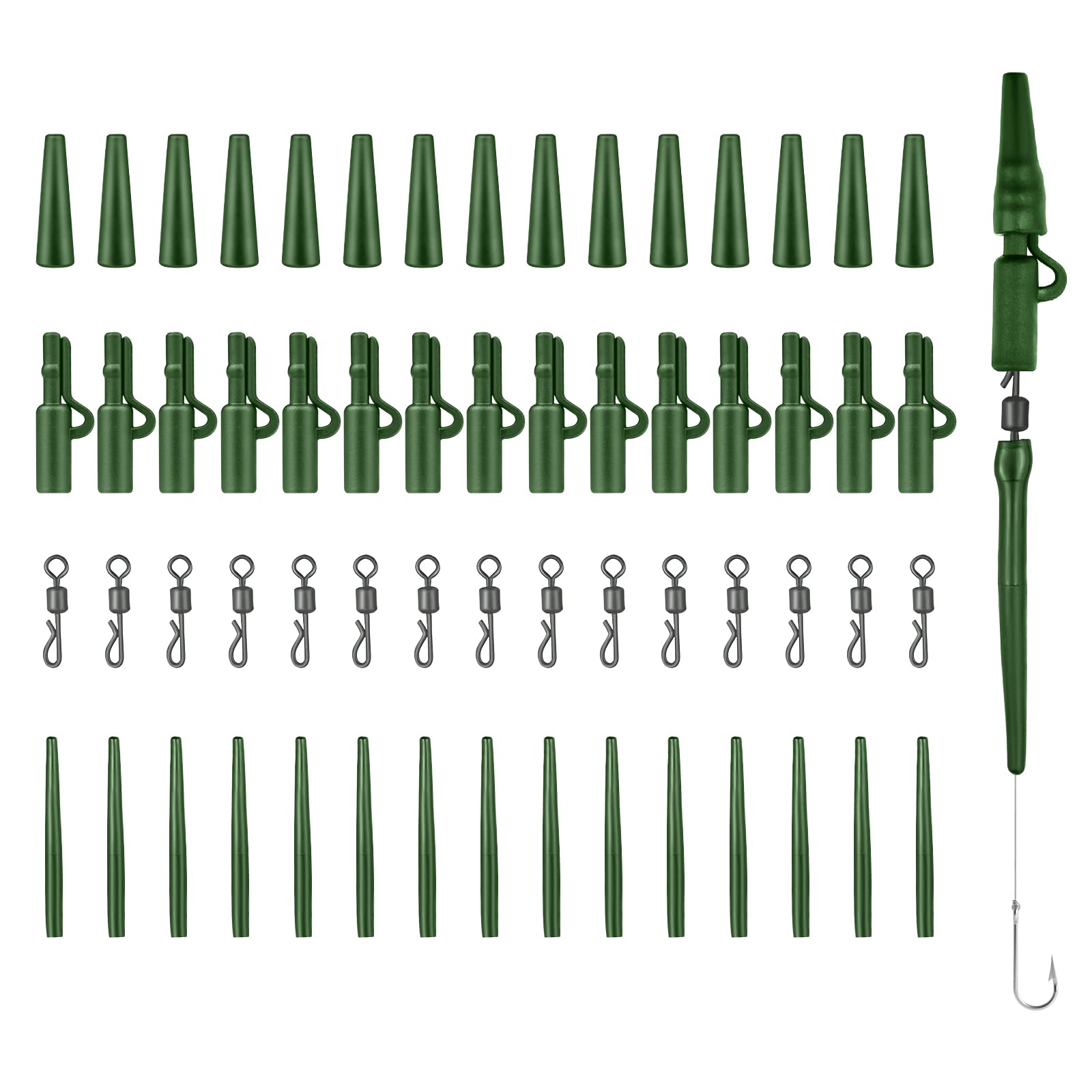 Realure 60 Pcs Lead Clips Carp Fishing Accessories Safety Lead Clips Action Pack with Clips Anti Tangle Sleeves Rubber Tails and Quick Change Swivels for Small Weights,Feeder (Green)
