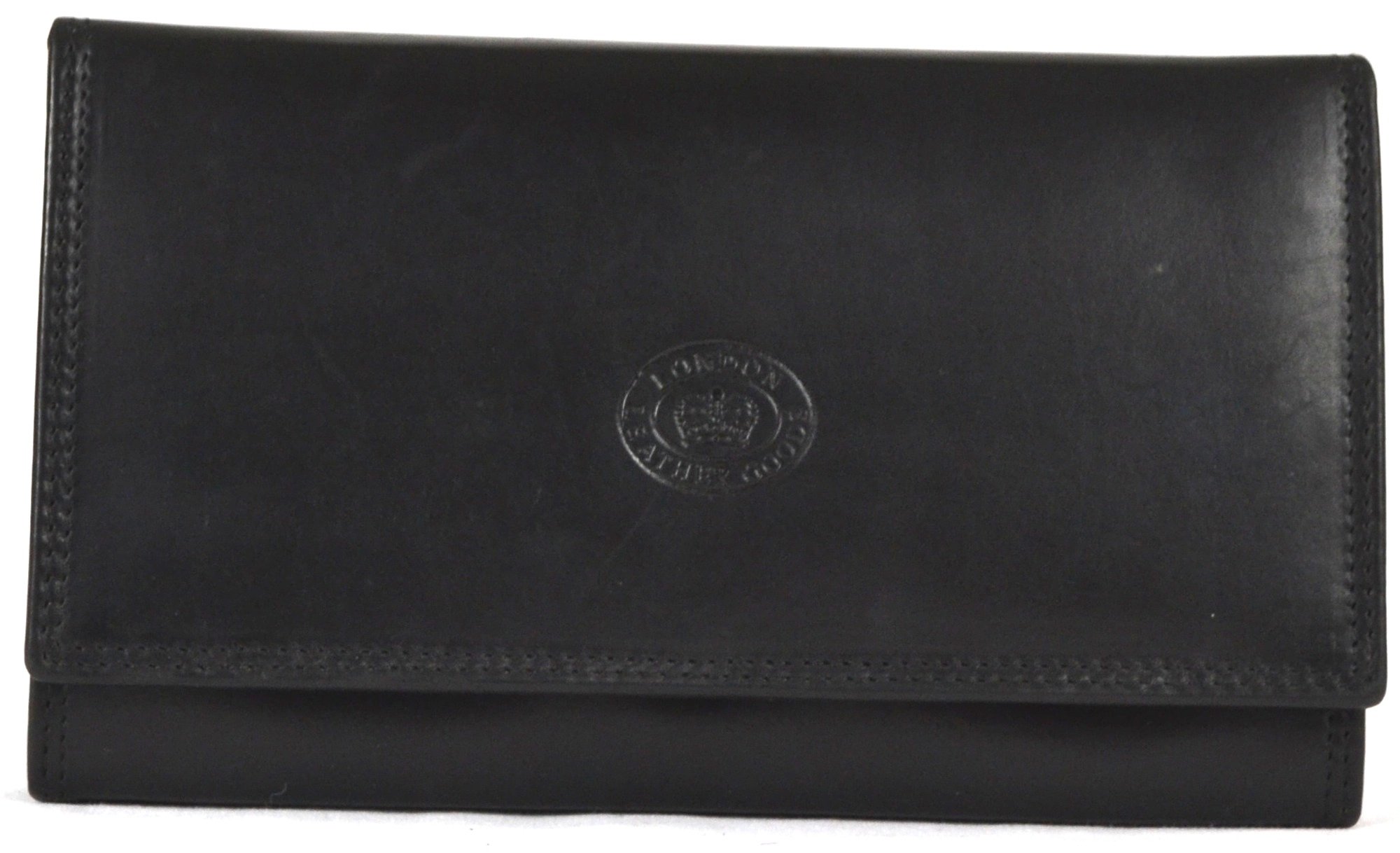 Ladies Soft Real Nappa Leather Long Flap-over Purse with Inner Flap pockets (Black)