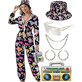VillbeCoser Hoodies Jumpsuit 80s 90s Outfits for Women Tracksuit Costume One Piece Windbreaker Hip Hop Neon Party