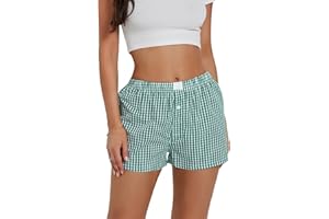 YOAWDATS Women's Y2K Lounge Shorts Cute Soft Elastic Low Waist Plaid Print Button Front Pajama Bottoms Boxer Shorts Sleepwear