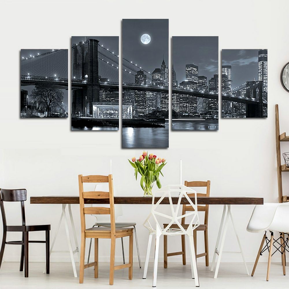 Amazon Co Jp Crmaoart アートパネル ブルックリン橋ニューヨーク夜景 壁掛け 風景写真の壁の写真を絵画 ポスター キャンバス絵画 ５パネルセット 木枠付きの完成品 40インチxインチ ホーム キッチン