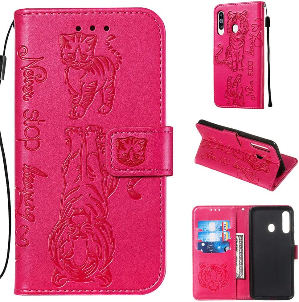Careynoce Wallet Case for Samsung Galaxy A60,Samsung A60 Cover,Tiger Cat Embossed Pattern PU Leather Book Flip With Magnetic Clasp Card Holder Stand Case Cover for Samsung Galaxy A60 - Rose Red