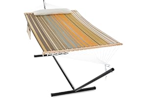 Gafete Waterproof Double Hammock with Stand for Outside Heavy Duty, 2 Person 55'' Large Quick Dry Textilene Hammocks with Hardwood Spreader Bar, Pillow, Pockets, for Outdoor, 475lbs Capacity (Coffee)