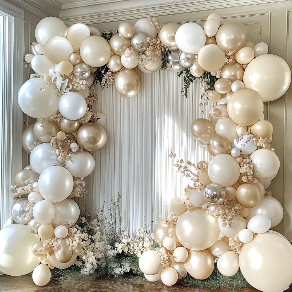 Photo 1 of White Balloon Arch Pearl White Balloons Off White Gold Balloon Arch Kit Pearl White Sand Balloons Different Size For Wedding Bridal Anniversary Engagement Prom Party Decorations (WHITE GOLD)