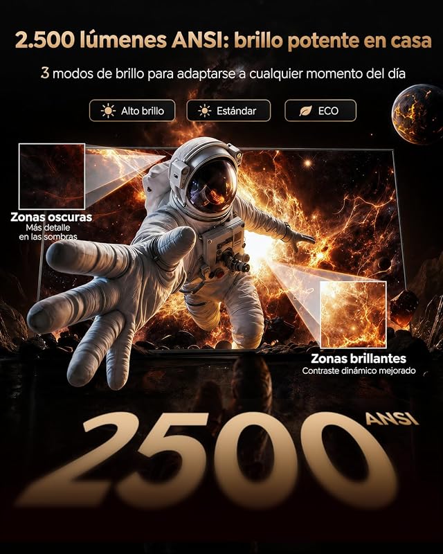 Proyector 4K | 2500 ANSI Ultra Brillante | VIDAA OS Rápido y Fluido | Dolby Audio 56W | Proyector Exterior para Cine Jardín, FHD 1080P Nativo, Enfoque Automático IA, HDMI 2.1, HDR10, Cine en Casa — foto 3 de 8