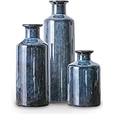Sowlvenco Blue Ceramic Vase Set of 3, Modern Farmhouse Small Vases, Rustic Terracotta Bottles for Living Room Fireplace, Centerpiece Table Decor