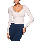 INGIA Womens V-Neck Long Sleeve Workout Crop Tops Slim Fit Padded Athletic Shirts Casual Yoga Gym Tops