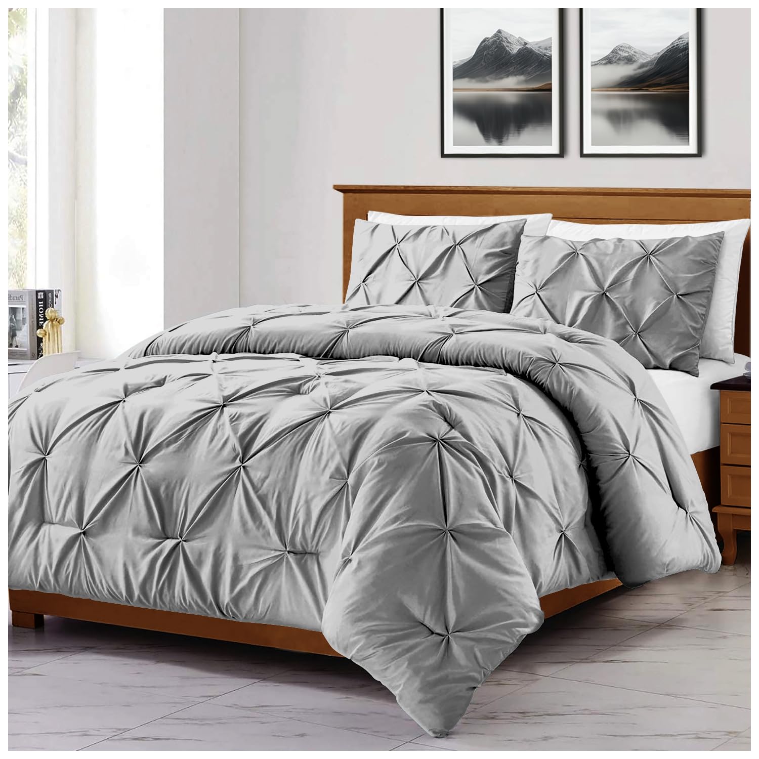 GC GAVENO CAVAILIA Pintuck Duvet Cover Single | Pinch Pleated Quilt Bed Covers Set With Matching Pillowcase | Polycotton Cosy Diamond Bed Linen Set | Silver