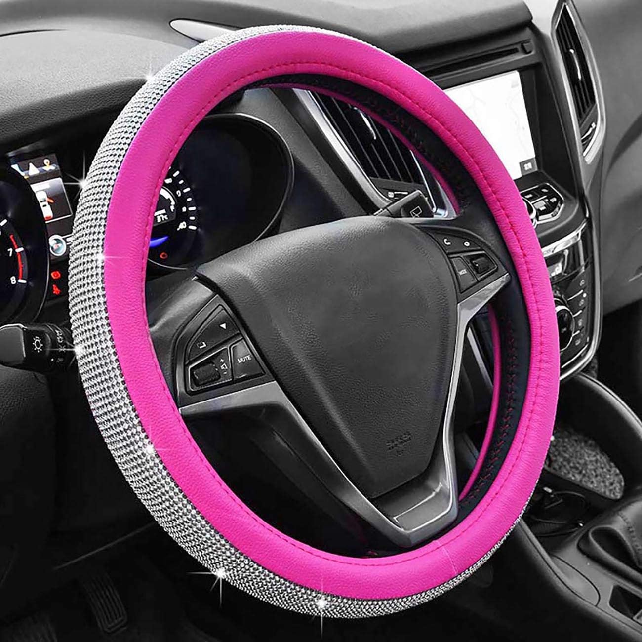 ixiton New Diamond Leather Steering Wheel Cover,Bling Bling Crystal Rhinestones Steering Wheel Cover Universal Fit 15" Car Wheel Protector for Women Girls (Rose red)