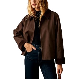 UATKIMI Women Oversize Trench Coat Corduroy Lapel Snap Button Crop Jacket | Long Sleeve Slant Pockets Work Office Cropped Jac