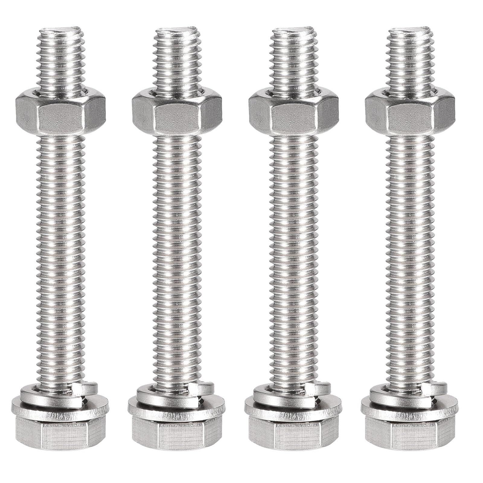 TOP-VIGOR 4Pcs M10 x 80mm Hex Head Screws Bolts, Nuts, Flat & Lock Washers Kits, 304 Stainless Steel Fully Thread Hexagon Bolts for DIY Bike Motorcycles Repair