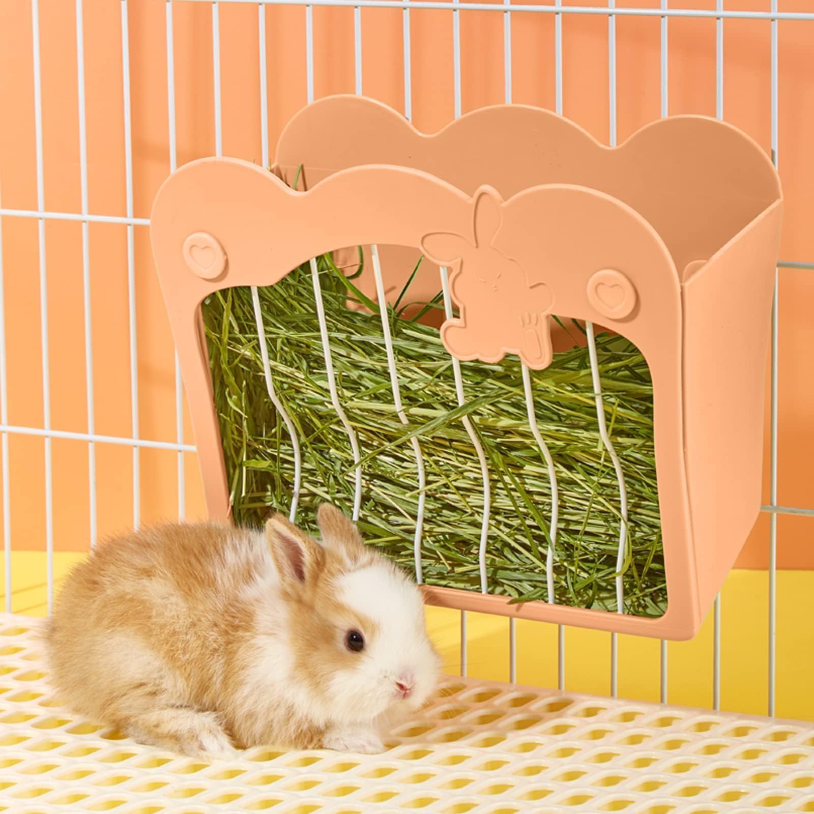Rabbit Hay Feeder, Hanging Feeding Hay Rack for Small Animals, Dwarf Rabbit, Guinea Pig (Pink)