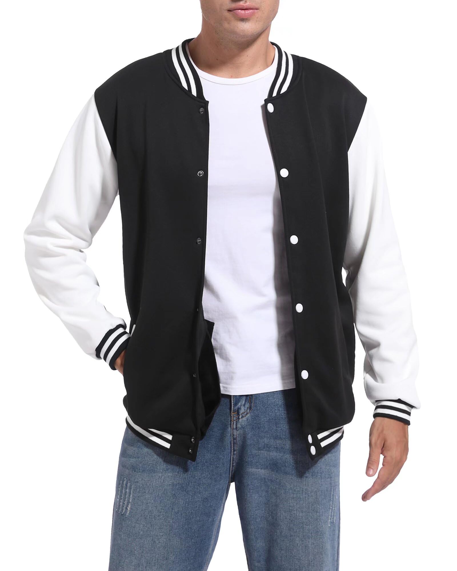 Photo 1 of   Men's Bomber Jacket Varsity Baseball Jackets Windbreaker Lightweight Slim Fit Button Down Letterman Jacket Black