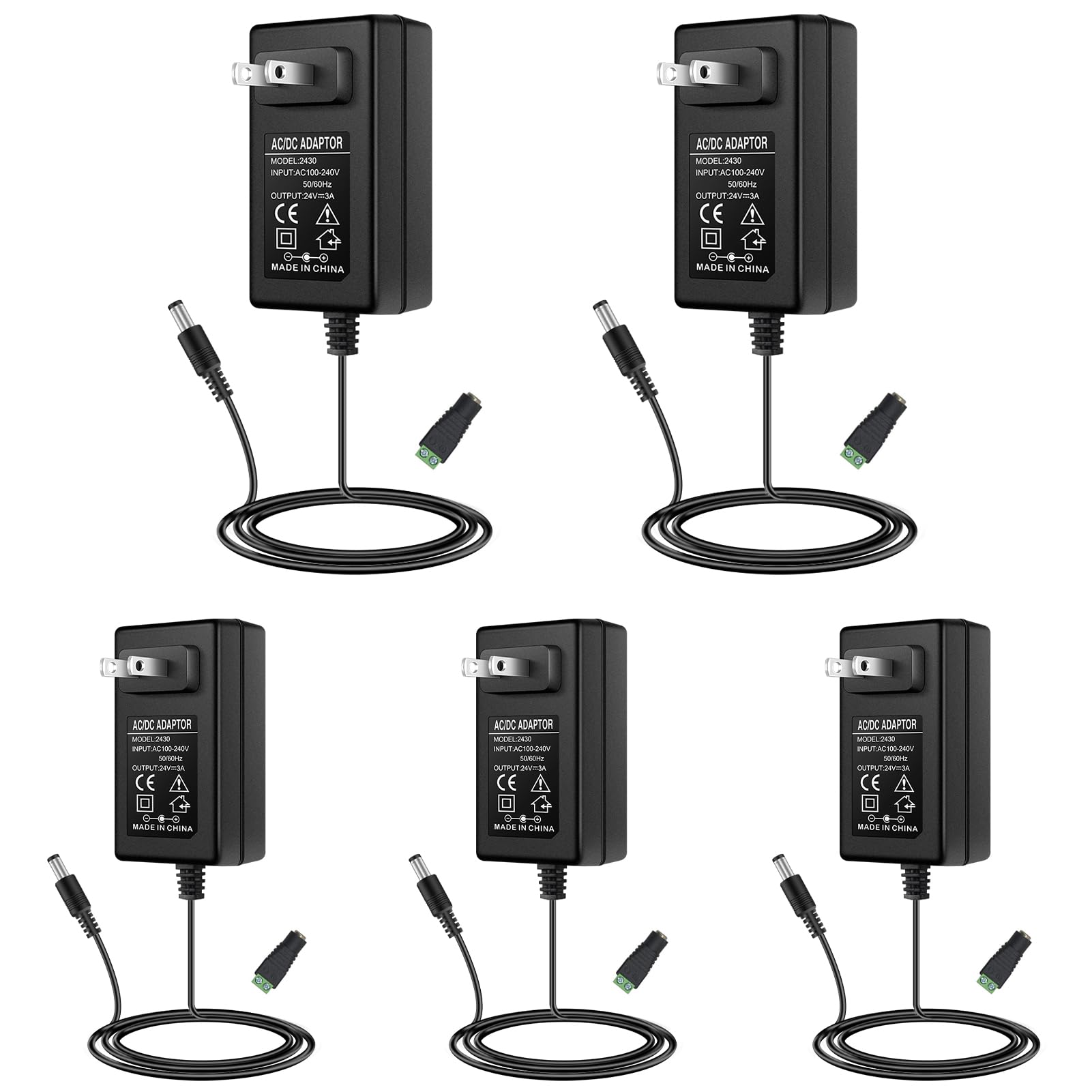 Photo 1 of 24V 3A Power Supply, 24 Volt 72W LED Power Supply Adapter, AC 100-240V to DC 24V Transformer Converter for LED Strip Lights, Wall Plug Power Supply with 5.5/2.1 DC Female Connector (5 Pack)