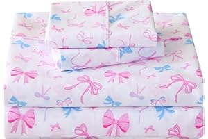 Softan Kids Bed Sheet Set, Girls Twin Size Kids Sheets, Microfiber Fitted Sheet and Pillowcase, Breathable and Silky Soft, 3 Piece Colourful Bowknot Printed Twin Bed Sheet