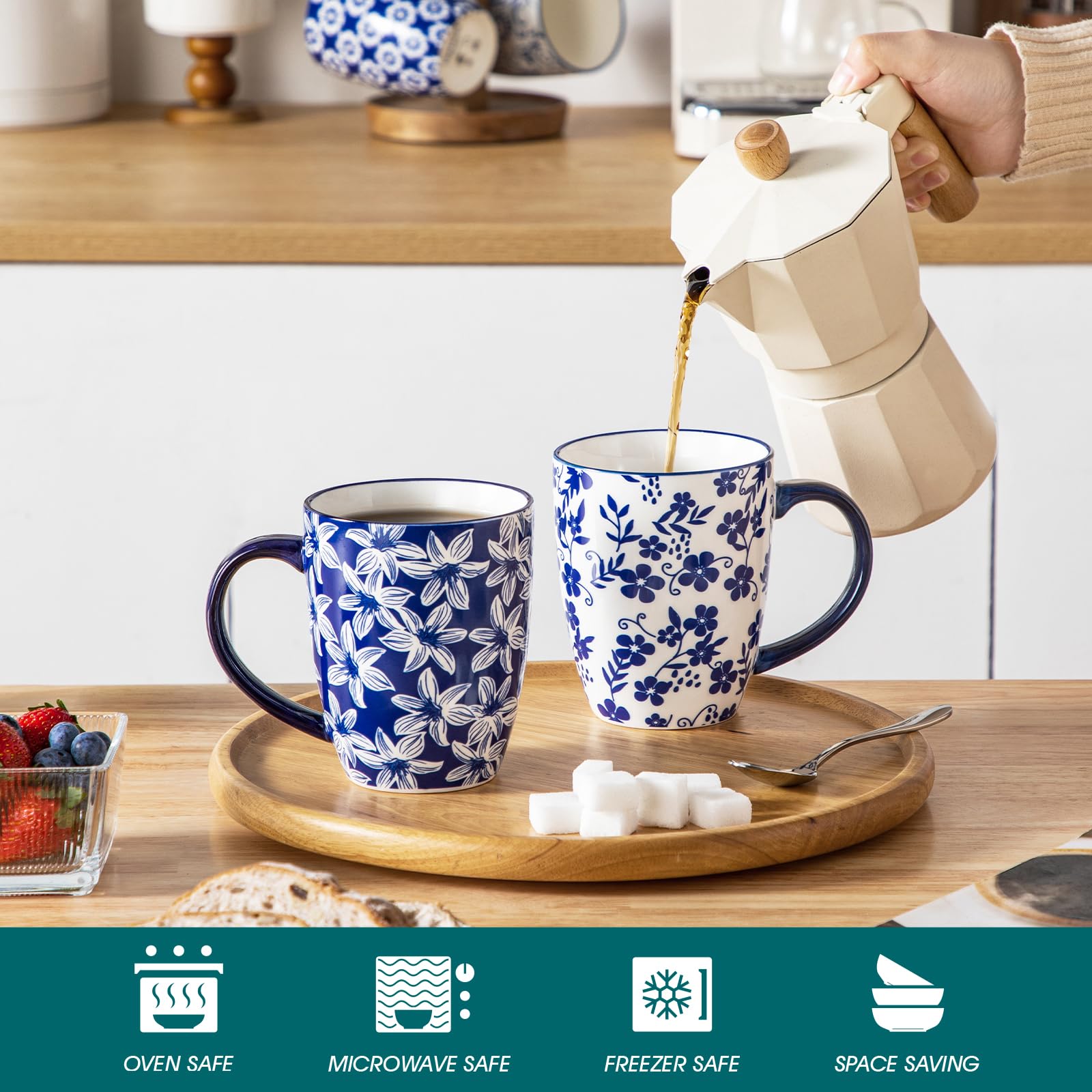 vancasso Kaffeetassen 6er Set, SELENE Porzellan Tassen, 480ml Kaffeebecher mit Henkel, Tasse für Kaffee, Milch, Tee & Kakao, Vintage Blau-weiß 4