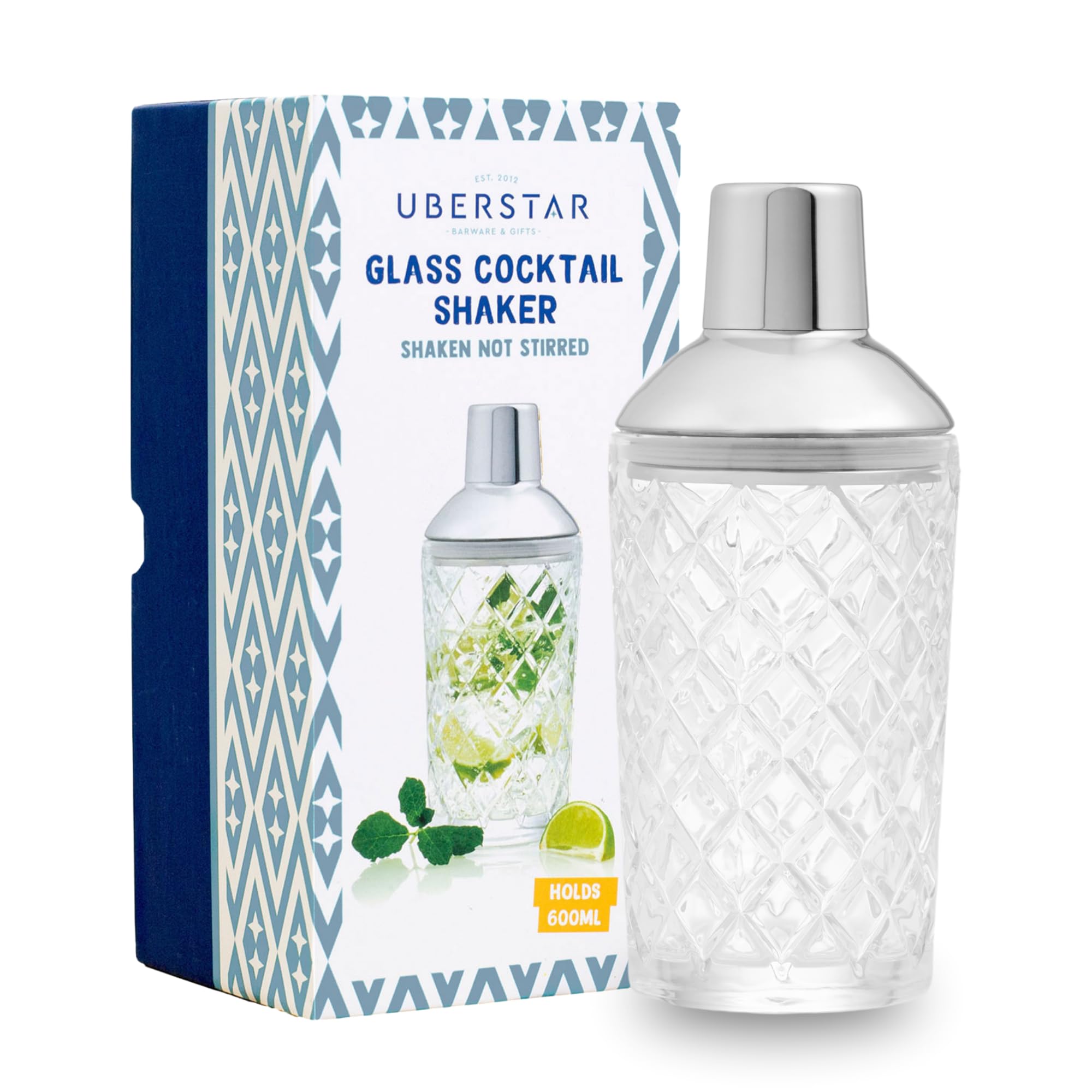 Elegant Cut Glass Cocktail Shaker/Built-in Strainer/Thick Walled Drinks Shaker Silver/Holds 600ml