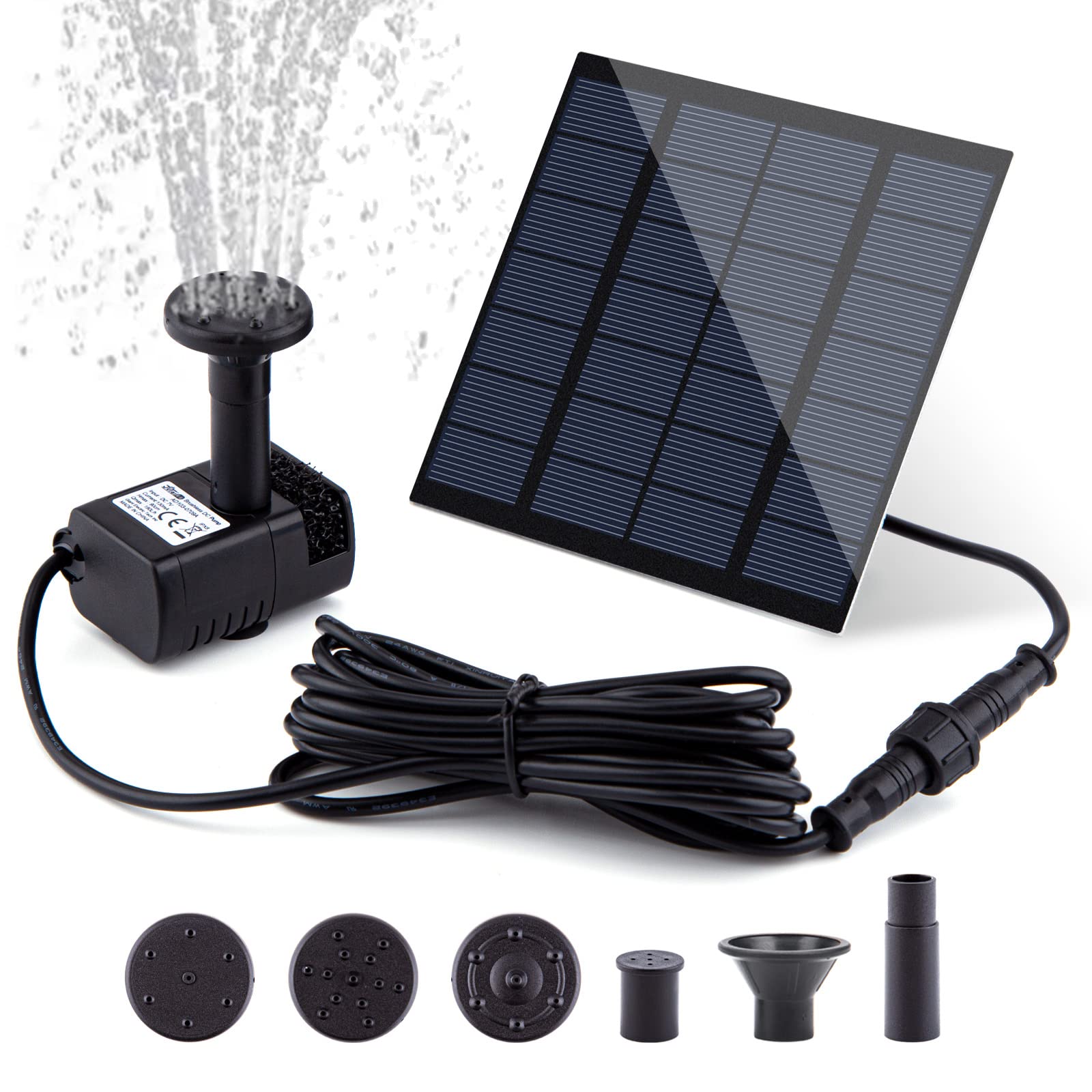Photo 1 of Solar Fountain Pump Kit with Separate Solar Panel, 1.8 W Upgraded Solar Water Pump with 3 M Long Cable & 4 Nozzles Solar Water Fountain for Bird Bath, Outdoor Pond, Patio Garden and Fish Tank (Black)