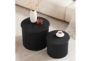 RUSTYER Small Fluted Round Nesting Coffee Table Set of 2, Mid Century Modern Coffee Table Circle Side Table, Wood Nesting Table Farmhouse End Tables Set for Living Room, Bedroom, Small Spaces(Black