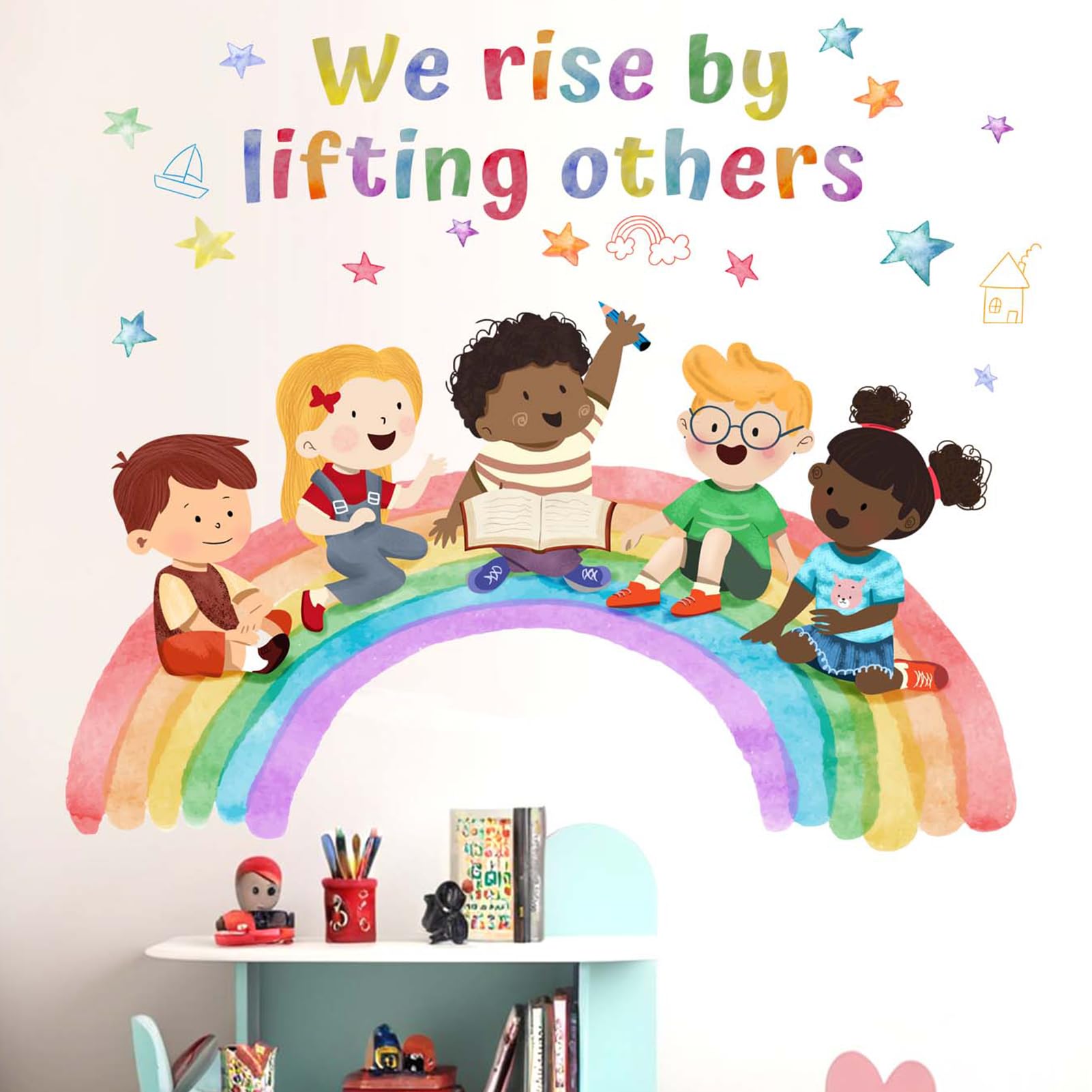Classroom Rainbow Wall Stickers for Kids: Peel and Stick Inspirational Quotes We Rise by Lifting Others Wall Decals - Wall Decor Art Kids Supplies Ages 1-12 Years