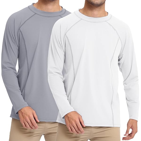 BOMBROOSTER 2 PACK UPF 50+ MENS SWIM SHIRT LONG SLEEVE RASH GUARD – MOISTURE WICKING, COOLING NYLON FOR SUN PROTECTION & OUTDOOR ACTIVITIES WHITE/LIGHT GRAY